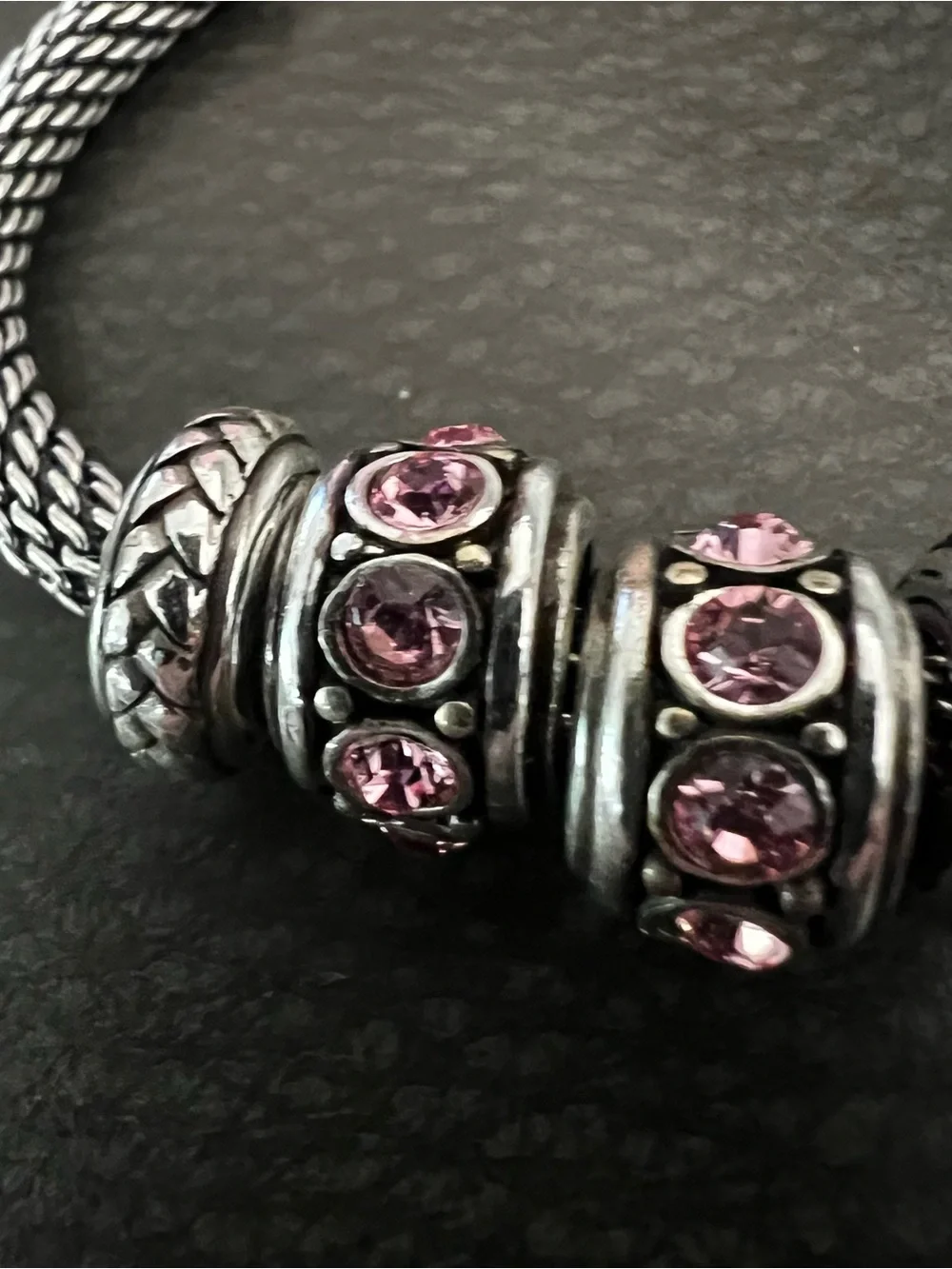 Silvertone Mesh Bracelet with Pink Crystal Spacer Beads
